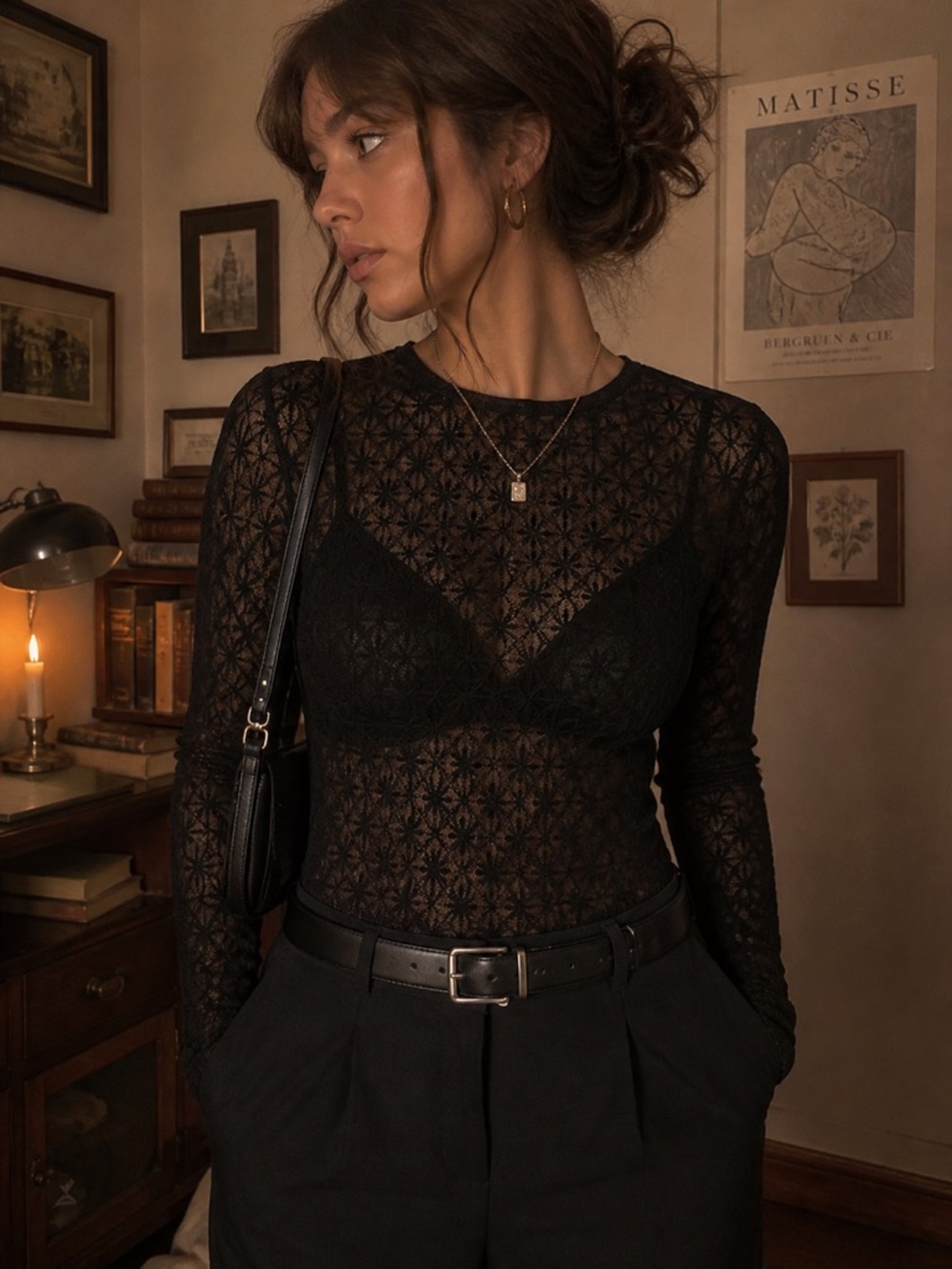 A New Day Black Sheer Lace Long Sleeve Top Medium Goth Minimalist Y2K